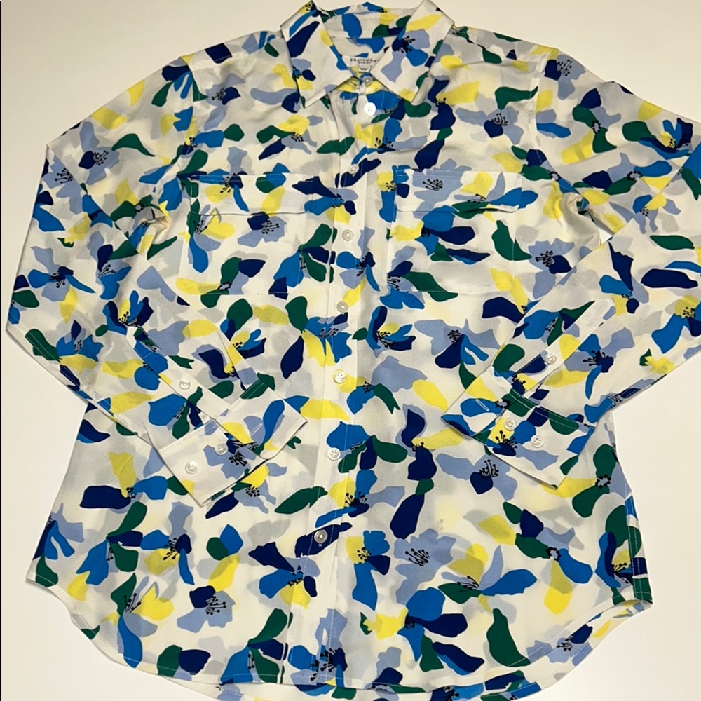 Equipment Blue Yellow Green elegant silk Button Down floral Shirt size small/med